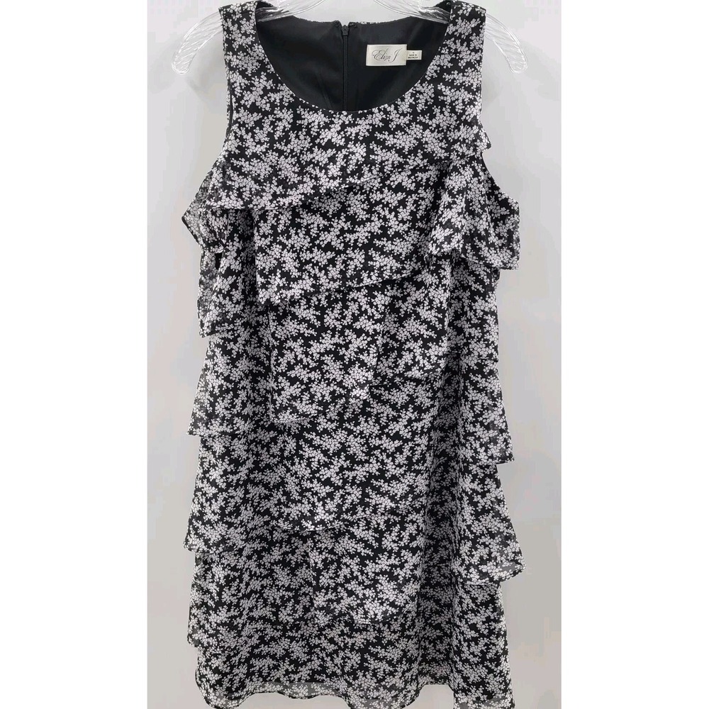 ELIZA J Black And White Floral Tiered‎ Chifon Sleeveless Size 10 Dress